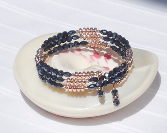 Black glass and rose gold hematite memory wire bracelet