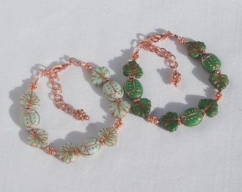 Leaves and ladybugs glass and copper bracelets