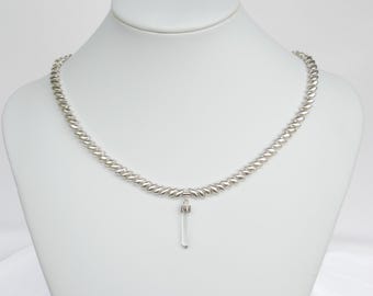Silver glass bead necklace with sterling silver/quartz crystal point drop