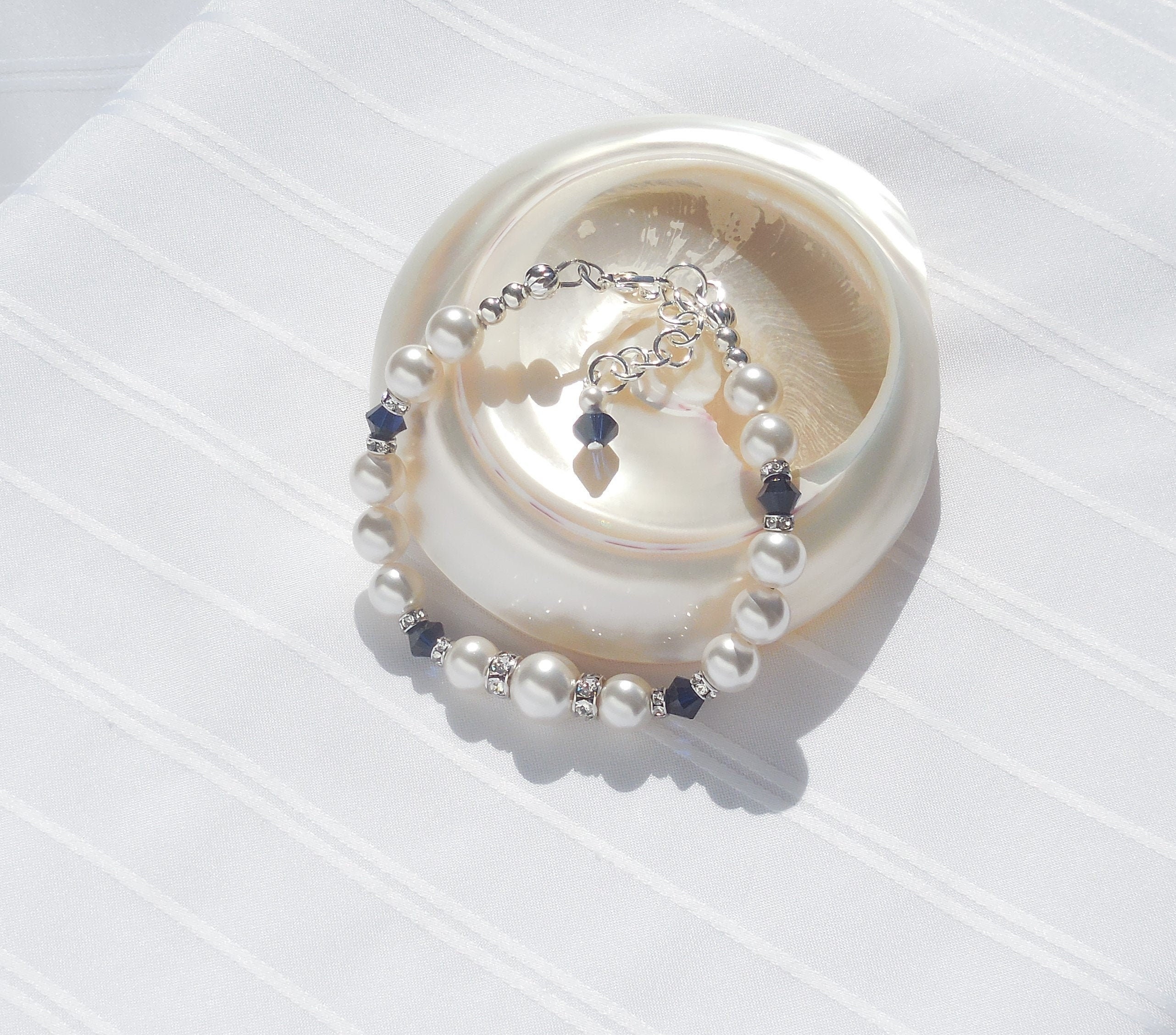 Swarovski white pearl and dark blue crystal bracelet | Etsy