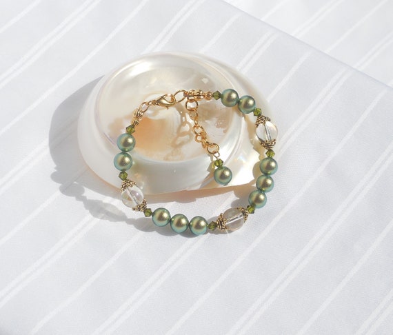 Swarovski green pearl and crystal bracelet | Etsy
