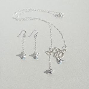 Sterling silver chain necklace and earrings set with branch and birds