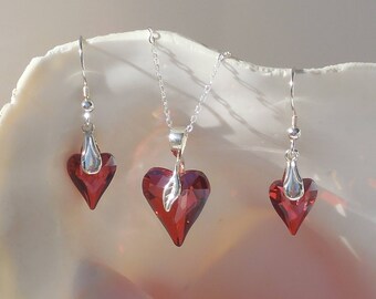Swarovski red magma crystal and sterling silver necklace & earring set