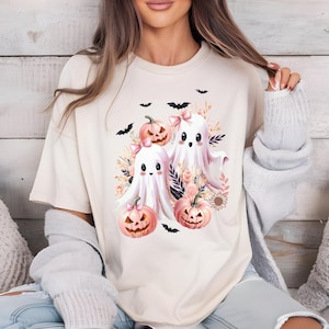 Pink Halloween Cute Ghost T-shirt For Her, Halloween Pumpkin Tee, Orange Pink Shirt, Spooky But Cute Girly Top, Cute Ghost Lovers,Fall Shirt
