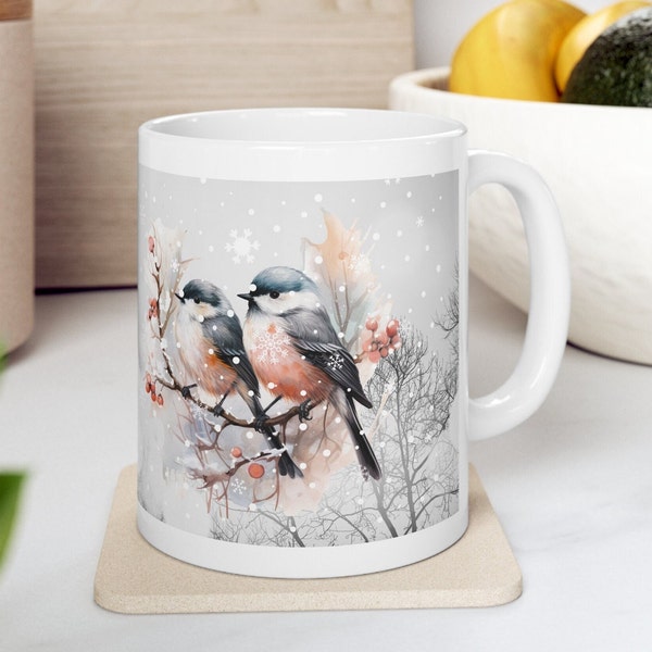 Winter Birds Ceramic 11oz Mug,Woodland Forest Animals Coffee Mug,Christmas Coffee Lover Gift,Holiday Theme Hot Chocolate Mug,Festive Tea Cup