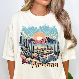 Arizona Shirt, Southwest Vacation Destination, Arizona Sunset Lovers Gift, Vibrant Cactus Scene Top, Unisex Comfort Colors Sedona Travel Tee