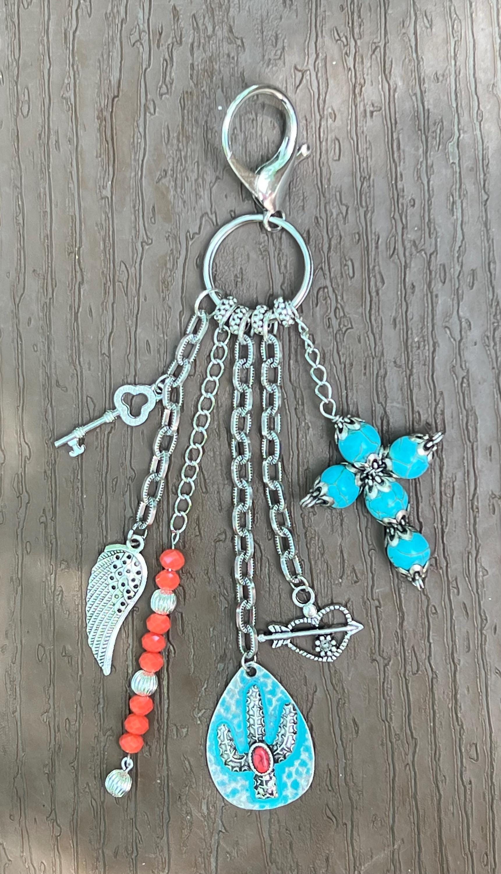 Bag Charm, Western Style Keychain, Cowgirl Gift, Silver And Turquoise Color Beaded Purse Dangle, Handbag Jewelry, Summer Bag Charms,Keychain