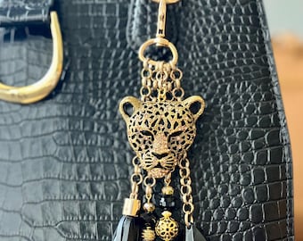 Cheetah Bag Charm, Delicate Gold And Black Beads Handbag Accessory, Glam Purse Decor, Wild Cats Lover Gift, Rhinestones Keychain, OOAK