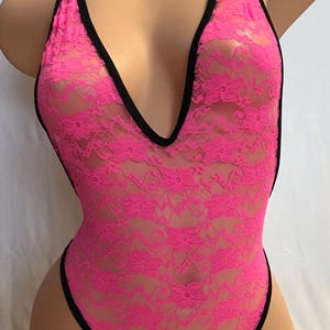 Hot pink lacebodysuit Poledance wear Lace one piece Lingerie Stripperoutfits one piece Lace mesh bodysuit Seethrough bodysuit lingerie