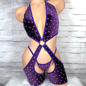 Garter Sets Chap Set Rhinestone Romper Exotic Dancewear Velvet Ring Chaps with Stones Stripper Clothes Clubwear Rave Wear Pole Dancer