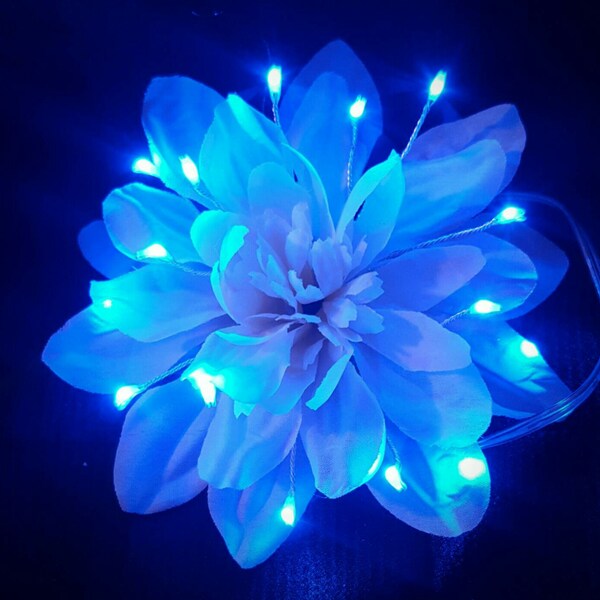 Clearance- White Dahlia with Blue LEDs Light Up Flower Fairy Hair Clip