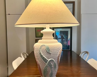 White plaster Artmaster signed lamp with shade, with green, terra cotta, and mauve fern fronds. Great texture, perfect condition piece.