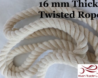 16 mm Thick 100% cotton Rope Cord, Beige Natural Decoration, Twisted Rope Eco Friendly DIY Craft, Bracelet Nautical Decor Handle Upcycle