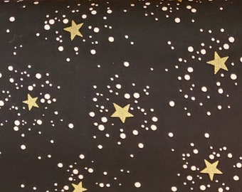 Gold Stars & White Moons on Rich Black, Metallic, 100% Quilt Shop Quality Cotton, Sold by the Half-Yard