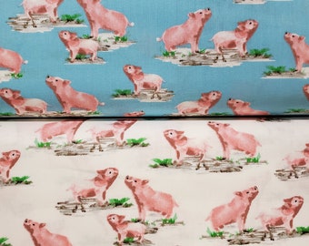 Pig Fabric on White or Blue, 100% Quilt Shop Quality Cotton, Sold by the Half-Yard