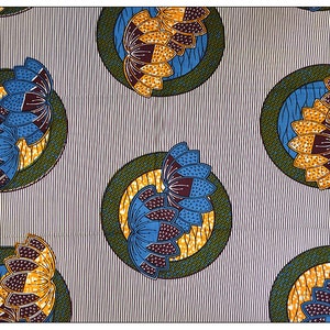 Orange & Yellow Sunburst Fan Motif Ankara Wax Print on Blue Crackle Background main image 0