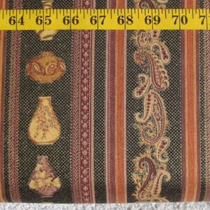Metallic Gold Paisley on Black with Vases, Striped Fabric~100% Cotton, Sold by the Half-Yard