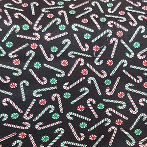 Christmas Fabric Candy Canes on Black, Sold by the Half-Yard, 100% QSQ Cotton Windham Fabrics