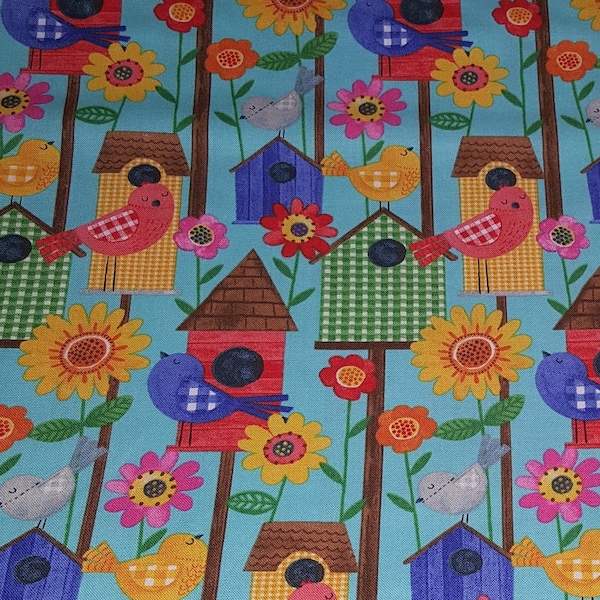 Birdhouses & Flowers on Blue, 100% Quilt Shop Quality Cotton, Sold by the Half-Yard