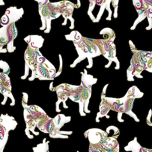 Dog Fabric, Dogs on Black with Metallic Gold, 100% Cotton, Sold by the Half Yard, Dog on It by Ann Lauer