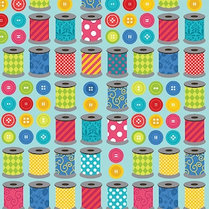 Thread Spools and Buttons Sewing Theme Fabric, U-Pick, 100% Quilt Shop Quality Cotton, Sold by the Half-Yard