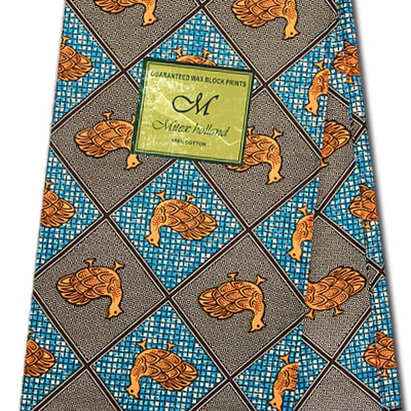 African Wax Print Fabric ~ Orange Pheasant Adinkra on Turquoise & Dark Brown~Sold by the Yard / Meter Authentic UK Import, Wax Print Ankara