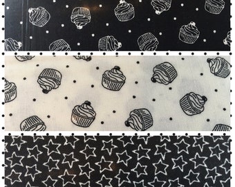 Cupcake Print on White or Black & Stars on Black, U-Pick, 100% Quilt Shop Quality Cotton, Sold By the Half-Yard