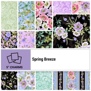 Floral Fabric Squares, Charm Pack, 42-5 inch Squares, Spring Breeze Pink Blue Purple Green Black, 100% Cotton