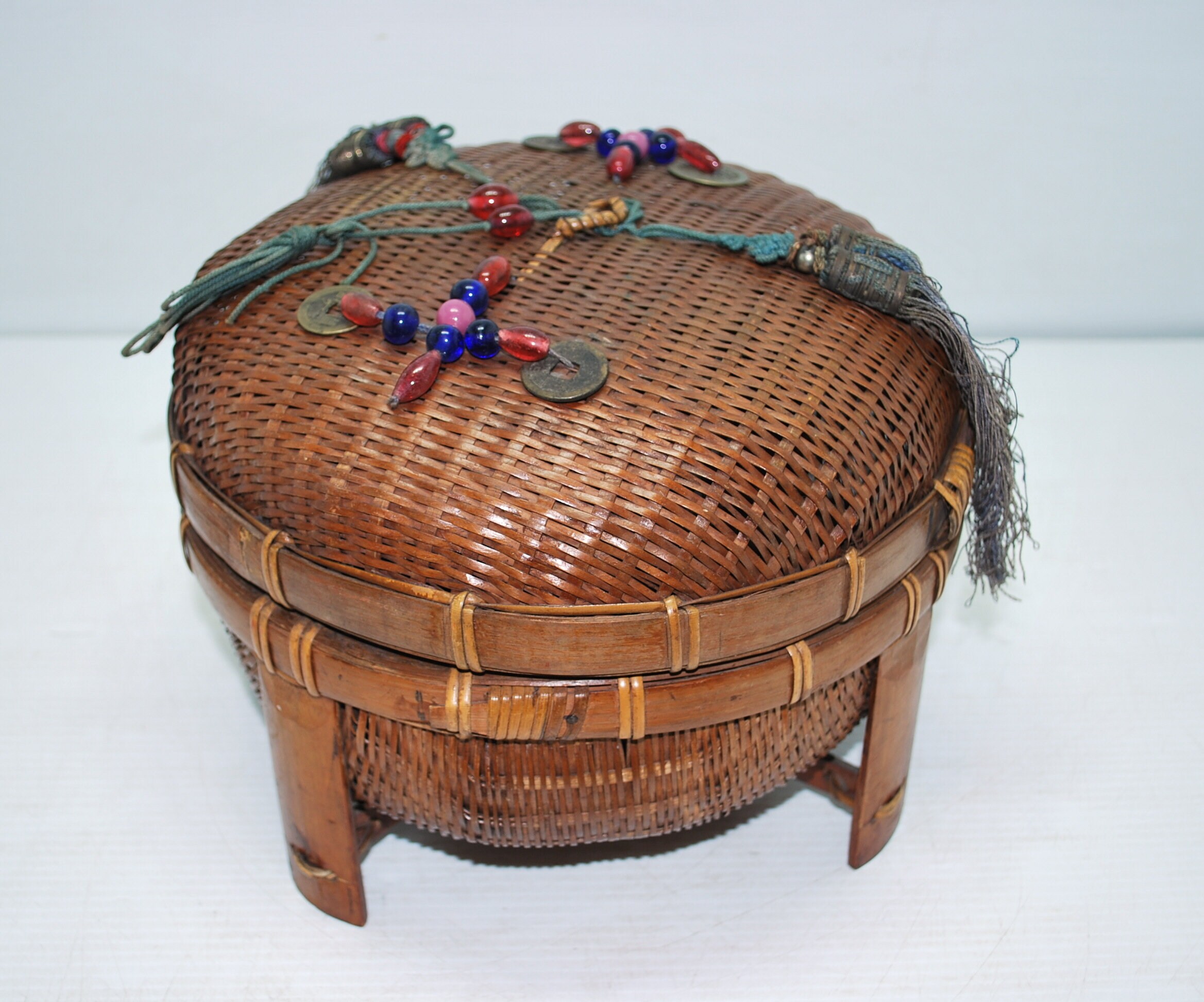 Unique Chinese Coin Sewing Basket Ornate Wicker and Bamboo w/ Etsy