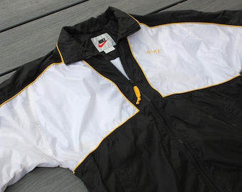 Vintage NIKE Wind-Breaker Jacket Medium ~ Black White Gold ~ Stylish Coat Jacket Rare!