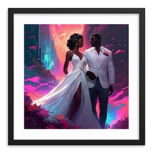 Hi-Res Wedding Prints, African American Bride and Groom in white with colorful background, Downloadable Image