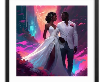 Hi-Res Wedding Prints, African American Bride and Groom in white with colorful background, Downloadable Image