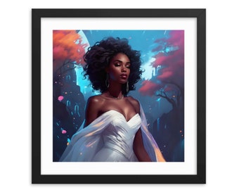 Hi-Res Wedding Prints, African American Bride in white with colorful background, Downloadable Image