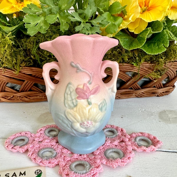 Vintage Hull Magnolia Art Pottery Vase USA Matte Glazed Pink Yellow Blue Green Pastel Colors 1940's 13-4 3/4  Flower Arranging Art Deco