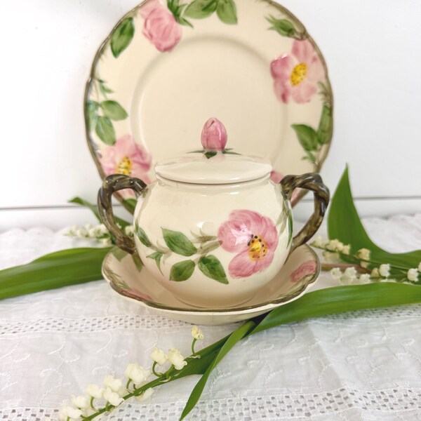 Vintage Franciscan Rose Starter Replacement Pieces Sugar Bowl Dessert Bowl Salad Plate Made in USA 1950's Earthenware