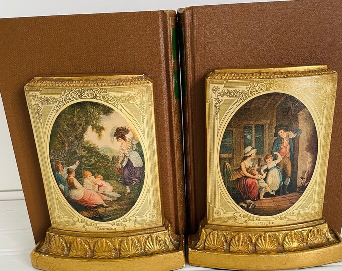 Vintage Bookends Night Noonday Gold Gilded Cast Plaster Metal