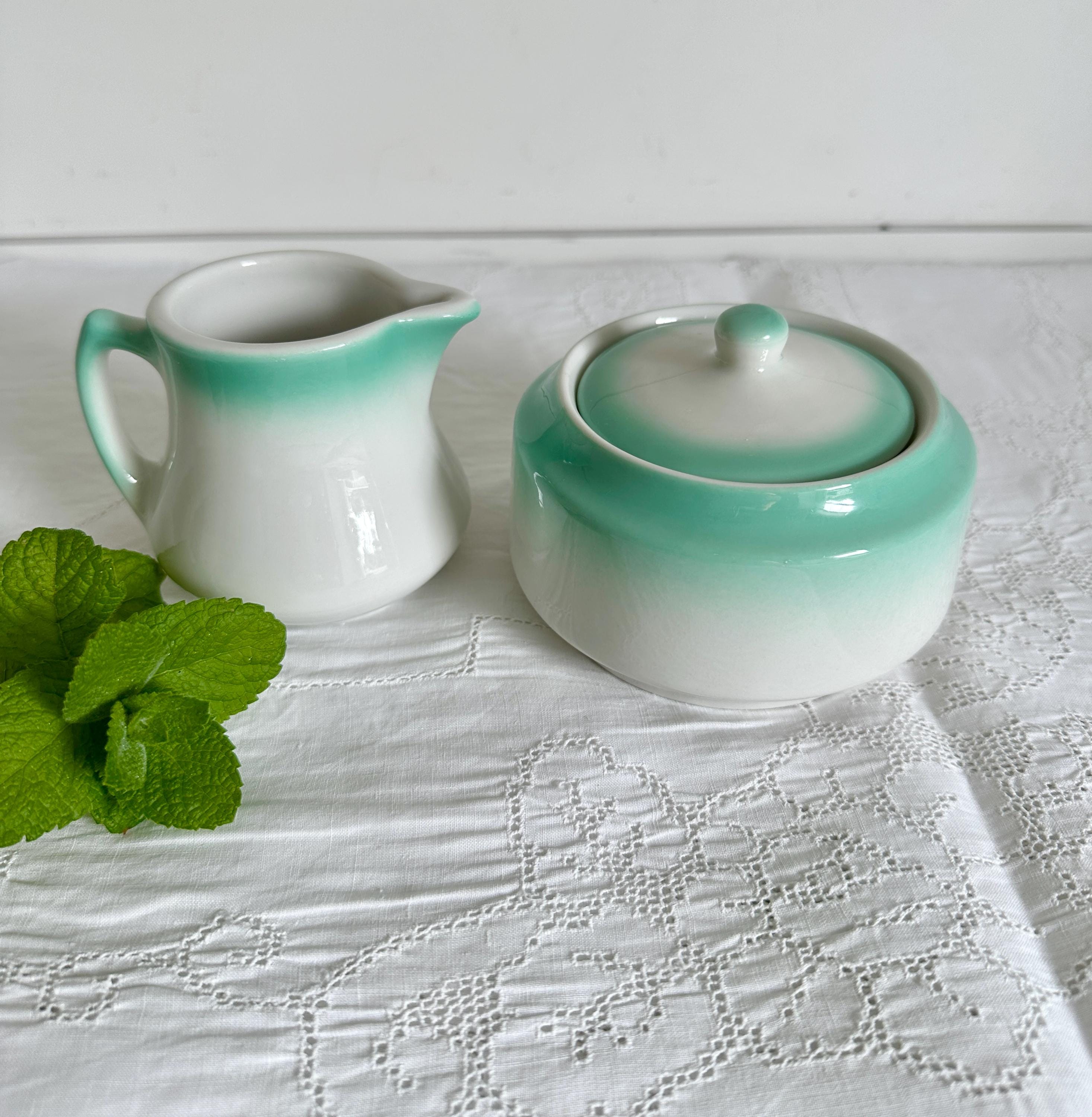 Vintage Jackson China Sugar and Creamer Set: Mint Green Fade, 1960s Restaurant Ware