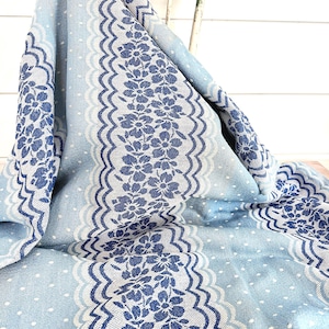 Vintage Woven Blue and White Cotton Jacquard Bedspread Penney's Fashion Manor Sanforized 86" x 105" Cottage Farmhouse Bedroom Discoloration