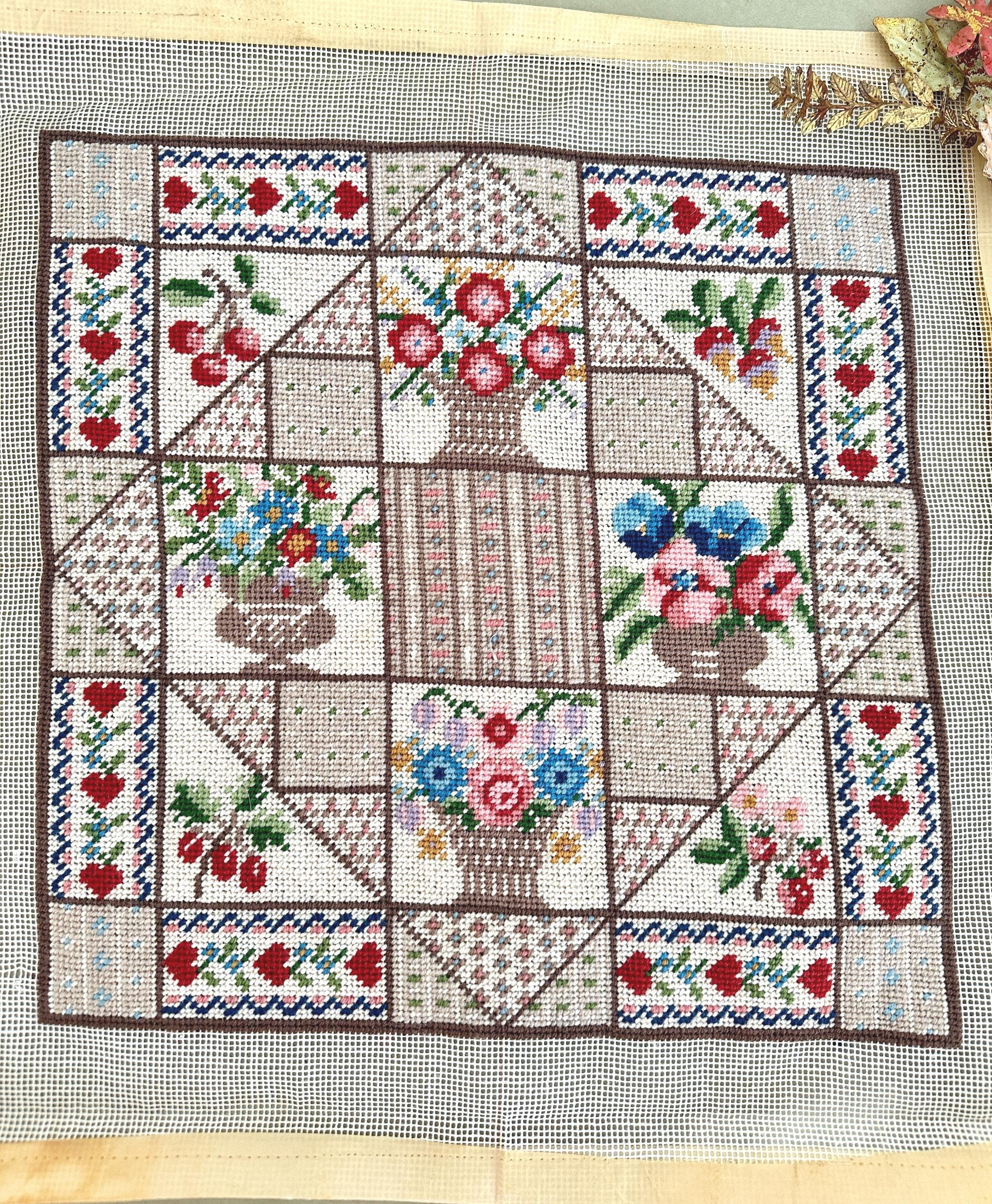 Vintage Needlepoint Pillow Canvas: Fruits & Flowers, Cottagecore Textile Art