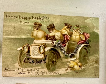 Four Antique Easter Post Cards Germany Beautiful Soft Colors Embossed Chicks Rabbit Chicken Church Eggs Flowers Old Car Ephemera 1906