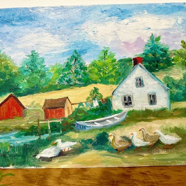 Vintage Original Signed Oil Painting Artist O. O'Hora White Cottage Row Boat Geese Red Barn Country Scene Laundry on the Line Oil on Canvas