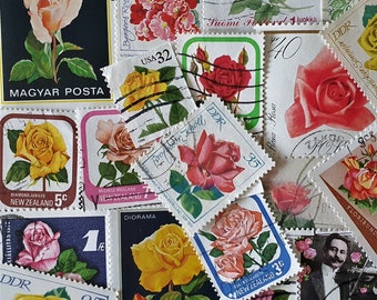 KOSTENLOSER VERSAND; 30 ROSEN bunte Vintage Briefmarken weltweit zum Sammeln, Scrapbookseiten, Collagen etc.