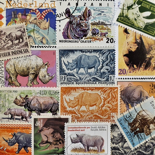 FREE SHIPPING ; 15 RHINOCEROS colorful vintage  worldwide postage stamps for collecting, crafting, scrapbook , mixed media etc.