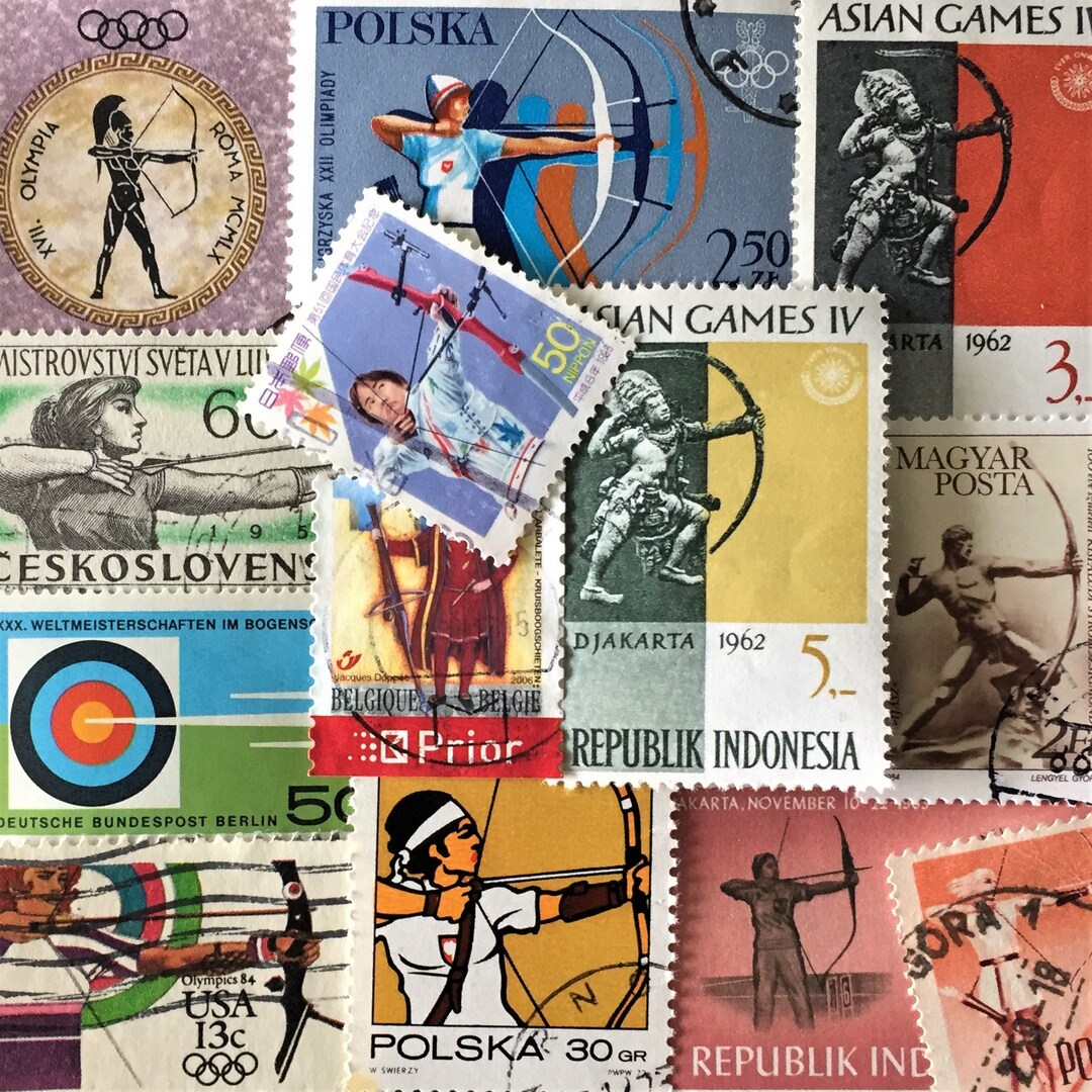 FREE SHIPPING 15 ARCHERY Worldwide Vintage Postage Stamps for