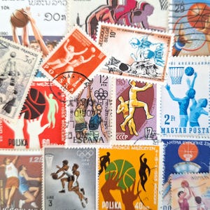 KOSTENLOSER VERSAND ; 20 BASKETBALL Vintage Briefmarken zum Sammeln, Basteln, Scrapbooking, Collagen, Mixed Media etc.