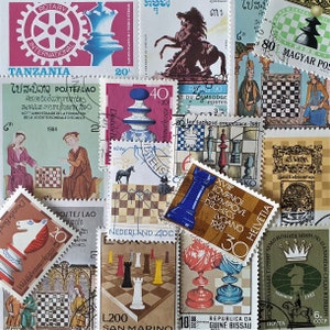 ENVÍO GRATIS ; 25 diferentes sellos postales antiguos de todo el mundo relacionados con AJEDREZ para coleccionar, crear álbumes de recortes, etc.