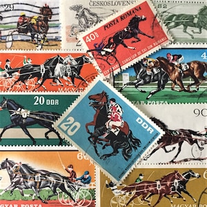 ENVÍO GRATIS; 25 sellos postales de carreras de caballos en todo el mundo para coleccionar, elaborar, álbumes de recortes, collages, medios mixtos, etc.