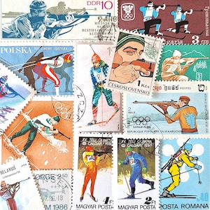 KOSTENLOSER VERSAND ; 20 BIATHLON vintage Briefmarken zum Sammeln, Basteln, Scrapbooking, Collagen, Mixed Media etc.