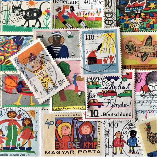 FREE SHIPPING ; 30 CHILDREN's drawings Colorful Vintage Worldwide postage stamps for collecting, crafting, scrapbook pages, collages etc.
