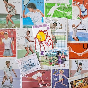 ENVÍO GRATIS; 20 sellos postales antiguos de TENIS de todo el mundo para coleccionar, hacer manualidades, álbumes de recortes, collages, técnicas mixtas, etc.